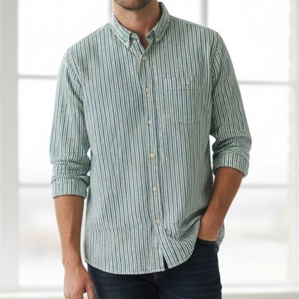 Old Navy Men Striped‎ Long Sleeve Button Down Shirt 2XL Green Blue White Casual